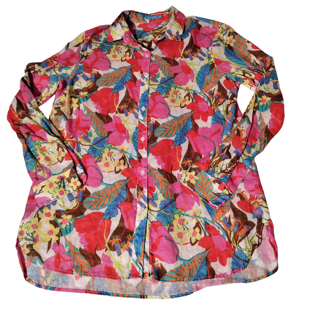 J.McLaughlin Womens Pink Blue Floral 100% Linen Button Down Shirt Size M